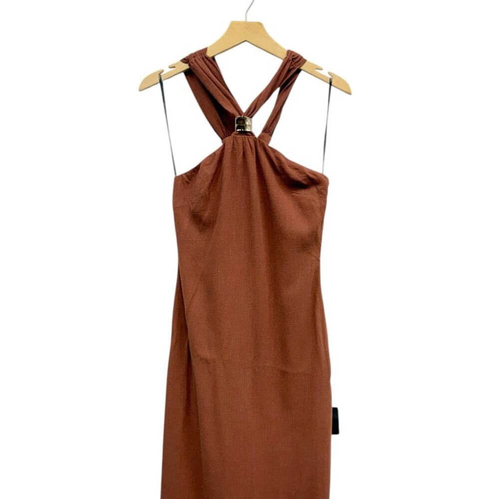 Lulus Calessia Rust Brown Linen Halter Neck Midi Dress size Medium NWT - Picture 4 of 6